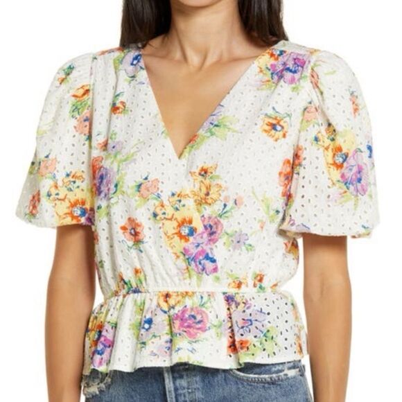 Wayf Tops - WAYF Womens Eyelet Floral Peplum Top
